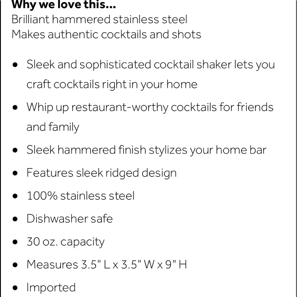 Hammered Stainless Steel Cocktail Shaker NWT - Picture 5 of 5